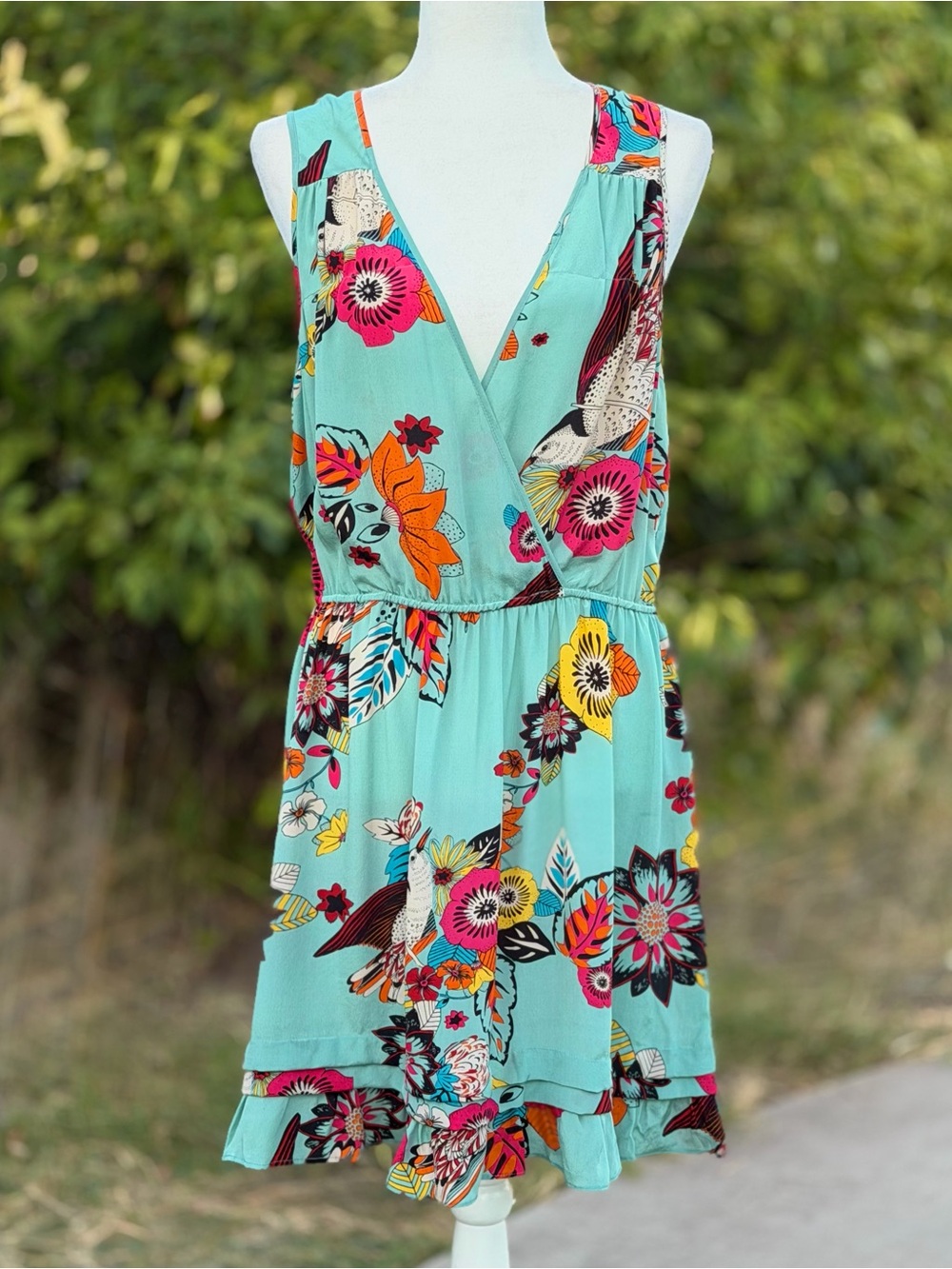 Petticoat Alley Silk Multicolor Bird and Garden Floral Print Above Knee Dress, L